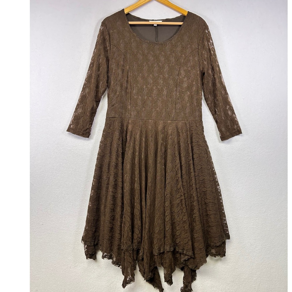 Back in the‎ Saddle Brown Lace Midi Dress with Asymmetrical Hem Size L